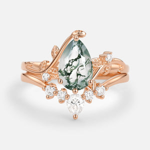 Unique Pear Shaped Moss Agate Leafy Bridal Ring Sets 2pcs - Willow