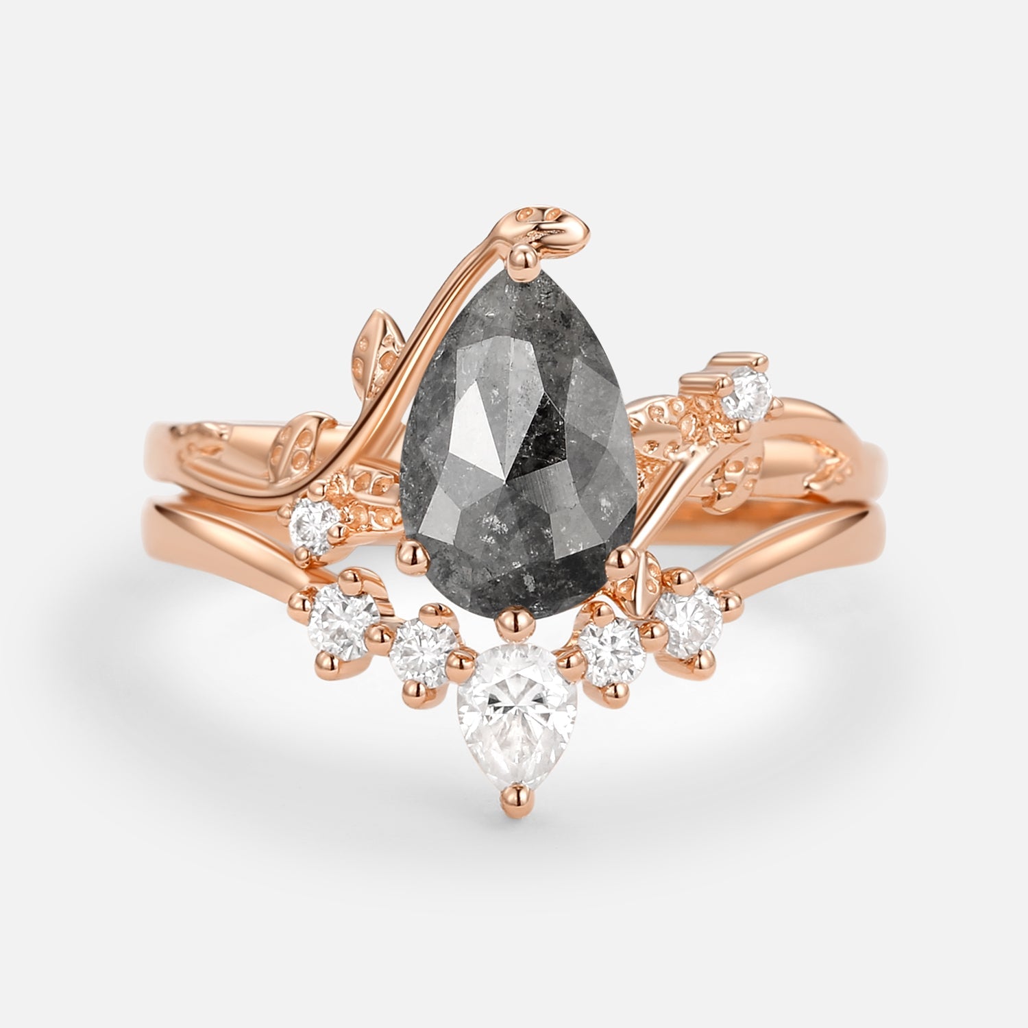 Unique Pear Shaped Moss Agate Leafy Bridal Ring Sets 2pcs - Willow