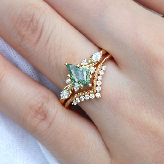 Unique Kite Moss Agate Infinity Engagement Ring Sets 2pcs
