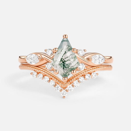 Unique Kite Moss Agate Infinity Engagement Ring Sets 2pcs