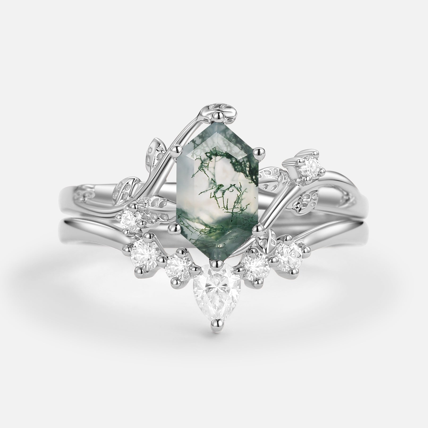 Unique Hexagon Cut Moss Agate Leafy Bridal Ring Sets 2pcs - Willow
