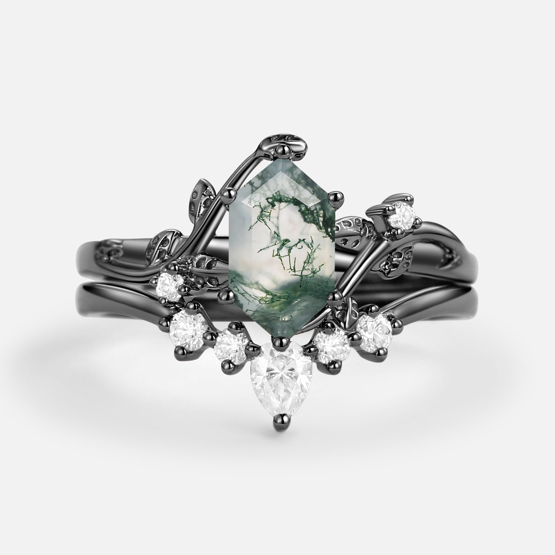 Unique Hexagon Cut Moss Agate Leafy Bridal Ring Sets 2pcs - Willow