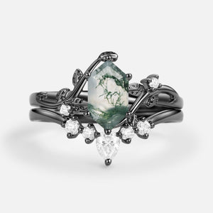 Unique Hexagon Cut Moss Agate Leafy Bridal Ring Sets 2pcs - Willow