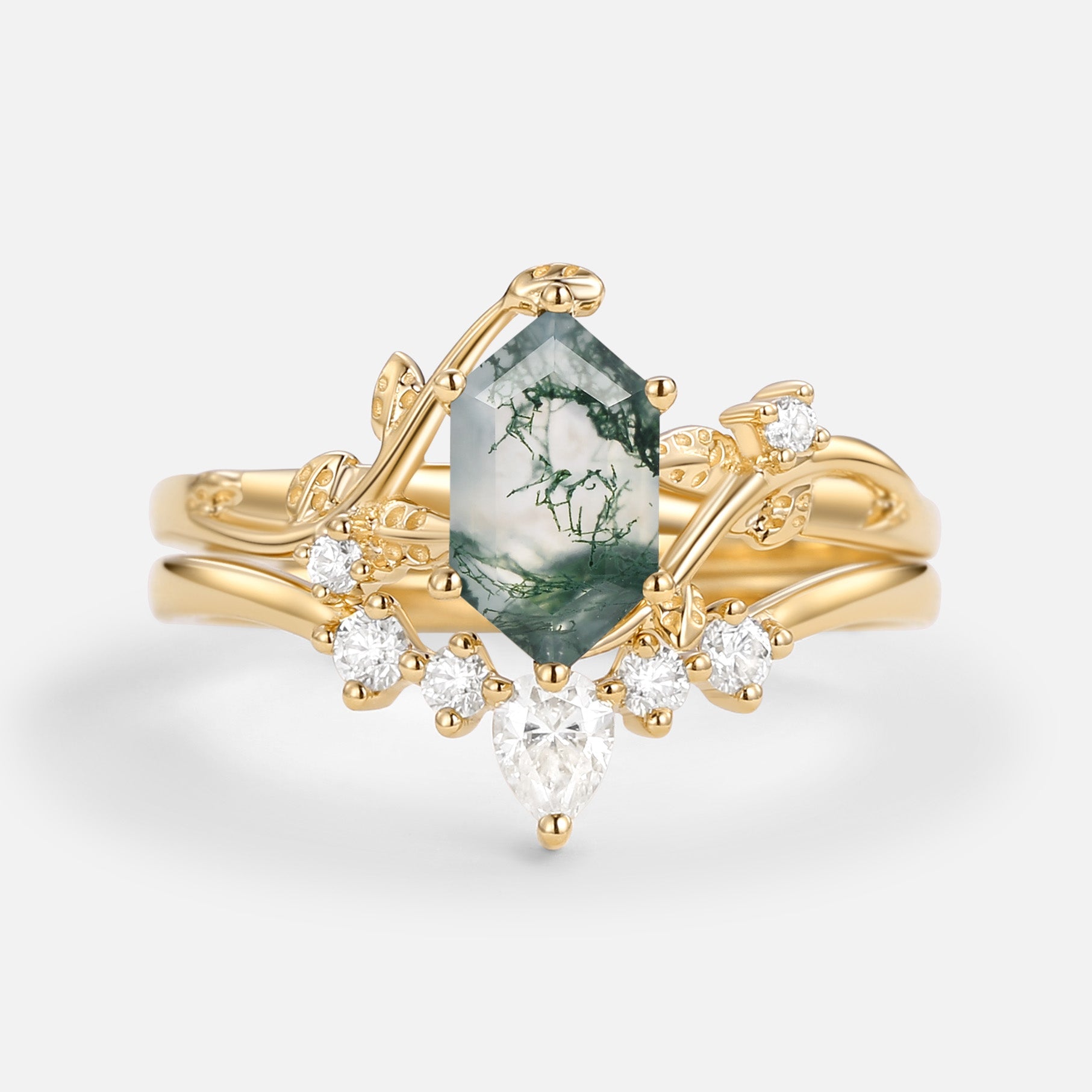 Unique Hexagon Cut Moss Agate Leafy Bridal Ring Sets 2pcs - Willow