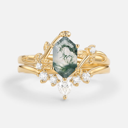 Unique Hexagon Cut Moss Agate Leafy Bridal Ring Sets 2pcs - Willow