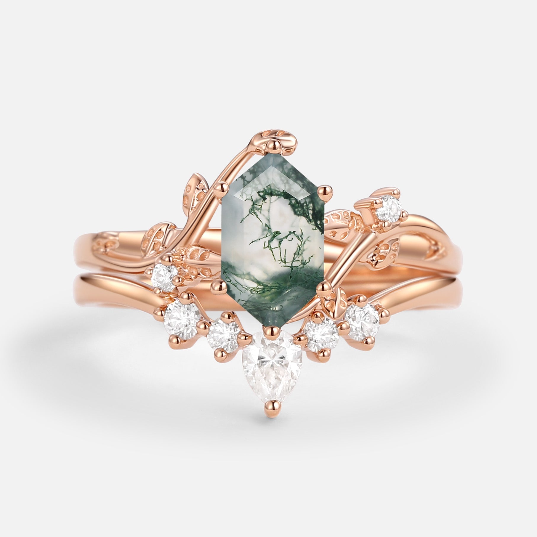 Unique Hexagon Cut Moss Agate Leafy Bridal Ring Sets 2pcs - Willow