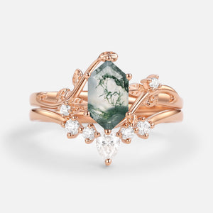 Unique Hexagon Cut Moss Agate Leafy Bridal Ring Sets 2pcs - Willow
