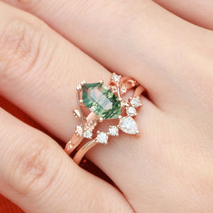 Unique Hexagon Cut Moss Agate Leafy Bridal Ring Sets 2pcs - Willow