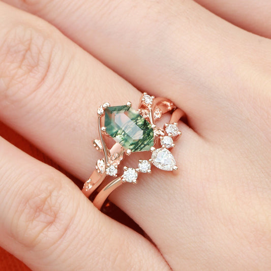 Unique Hexagon Cut Moss Agate Leafy Bridal Ring Sets 2pcs - Willow