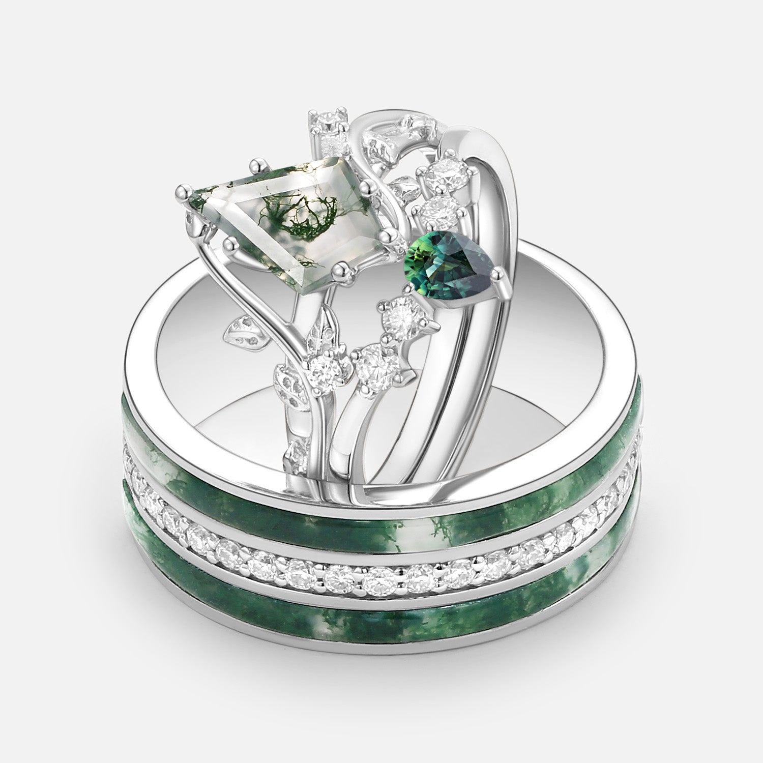 Nature Inspired - Moss Agate & Teal Sapphire Leafy Couple Ring Set 3pcs - Willow
