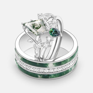 Nature Inspired - Moss Agate & Teal Sapphire Leafy Couple Ring Set 3pcs - Willow