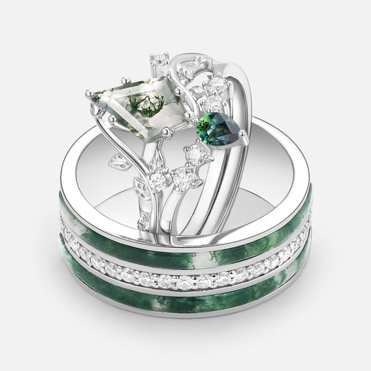 Nature Inspired - Moss Agate & Teal Sapphire Leafy Couple Ring Set 3pcs - Willow