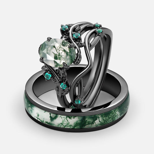 Nature Inspired - Oval Cut Moss Agate Leafy Black Gold Couple Ring Set 3pcs - Mossy