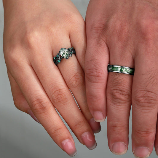 Nature Inspired - Oval Cut Moss Agate Leafy Black Gold Couple Ring Set 3pcs - Mossy