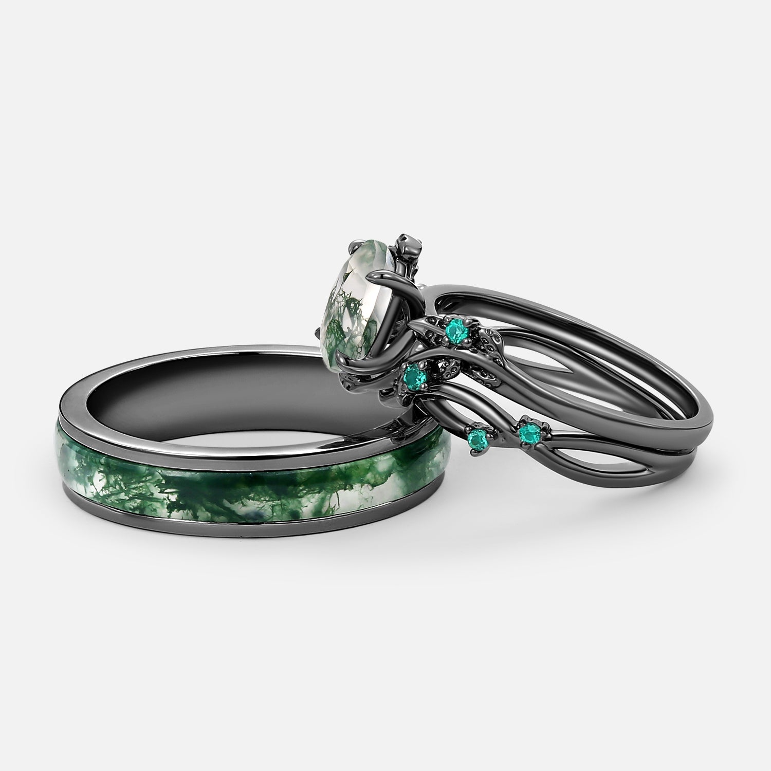 Nature Inspired - Oval Cut Moss Agate Leafy Black Gold Couple Ring Set 3pcs - Mossy