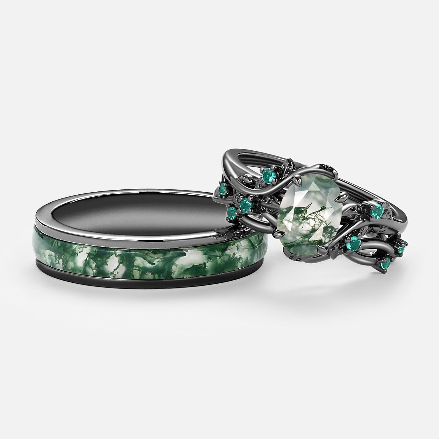 Nature Inspired - Oval Cut Moss Agate Leafy Black Gold Couple Ring Set 3pcs - Mossy