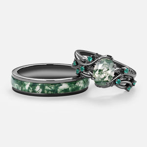 Nature Inspired - Oval Cut Moss Agate Leafy Black Gold Couple Ring Set 3pcs - Mossy