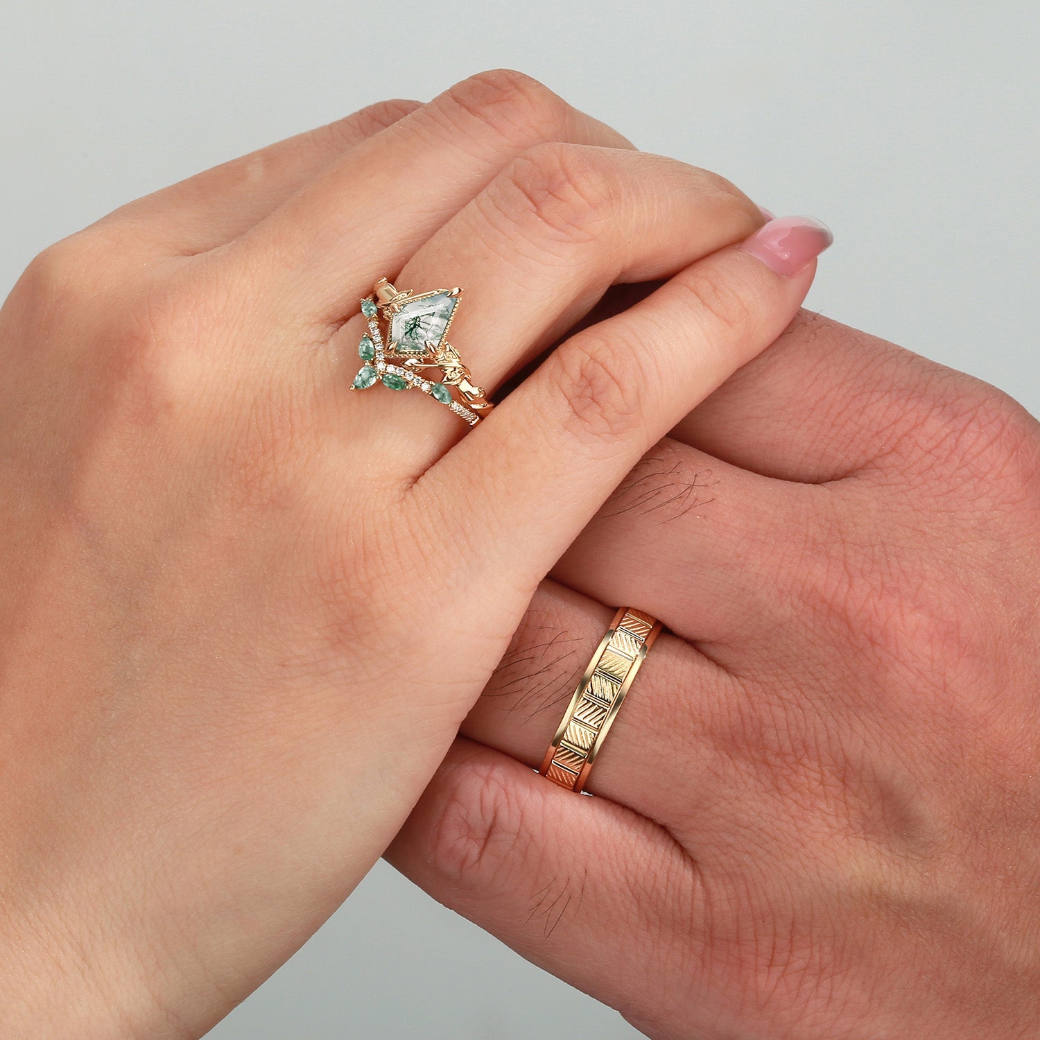 Nature Inspired - Unique Kite Cut Moss Agate Leafy Couple Ring Set 3pcs