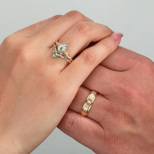 Nature Inspired - Unique Kite Cut Moss Agate Leafy Couple Ring Set 3pcs