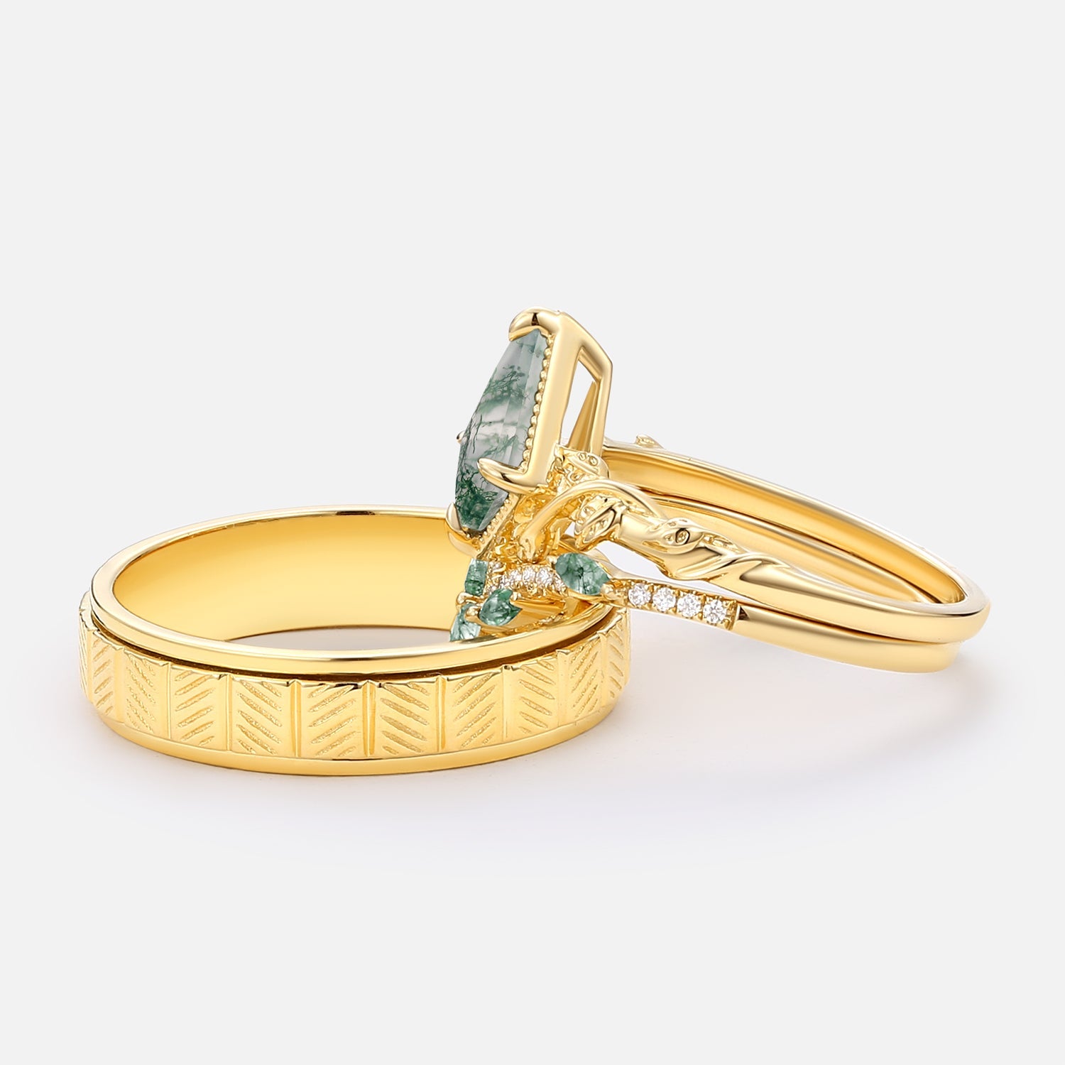 Nature Inspired - Unique Kite Cut Moss Agate Leafy Couple Ring Set 3pcs