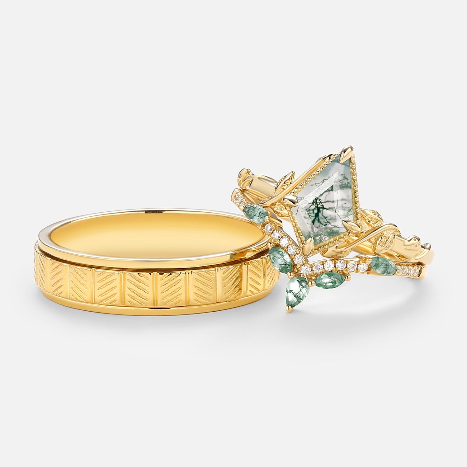 Nature Inspired - Unique Kite Cut Moss Agate Leafy Couple Ring Set 3pcs