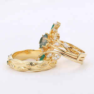 Nature Inspired - Perfect Hexagon Cut Moss Agate Cage Leafy Couple Ring Set 3pcs