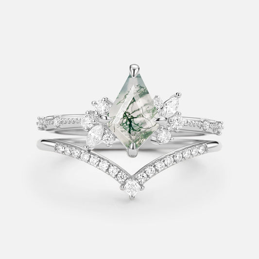Kite Cut Unique Moss Agate & Moissanite Engagement Ring Set 2pcs