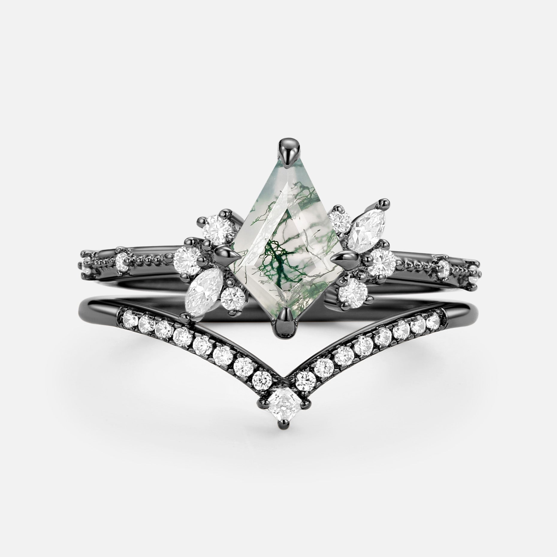 Kite Cut Unique Moss Agate & Moissanite Engagement Ring Set 2pcs