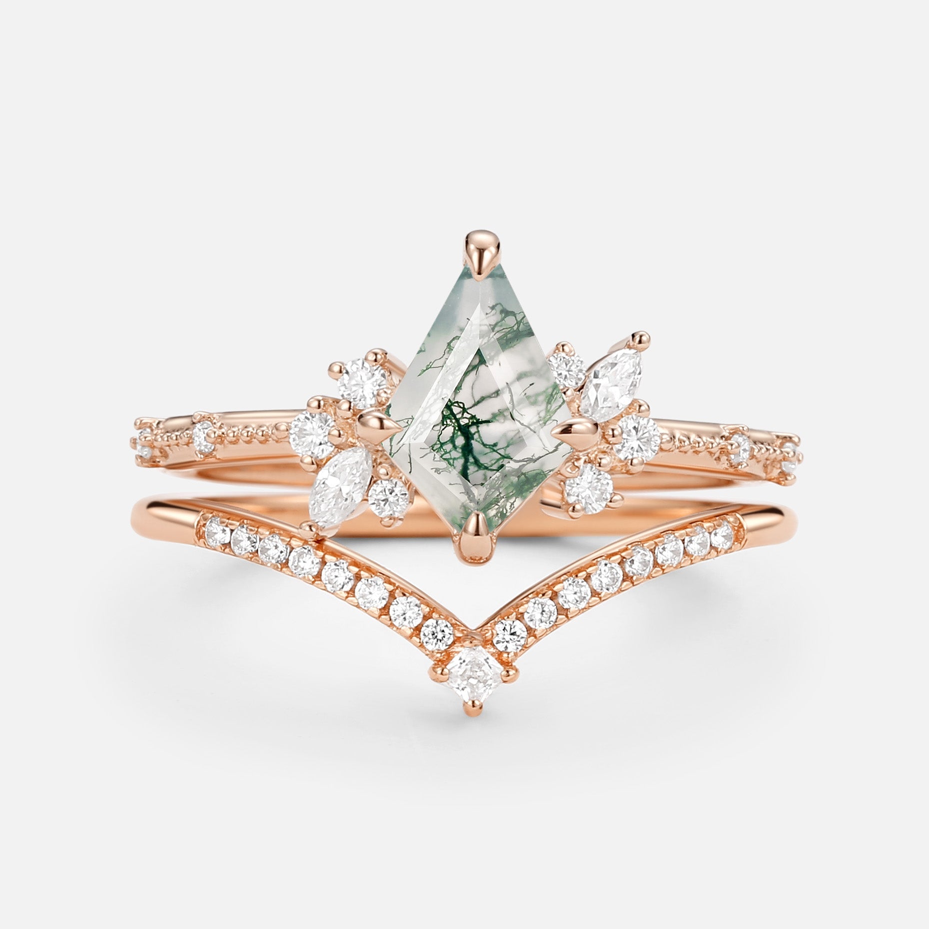 Kite Cut Unique Moss Agate & Moissanite Engagement Ring Set 2pcs