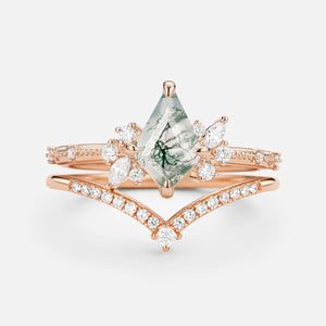 Kite Cut Unique Moss Agate & Moissanite Engagement Ring Set 2pcs