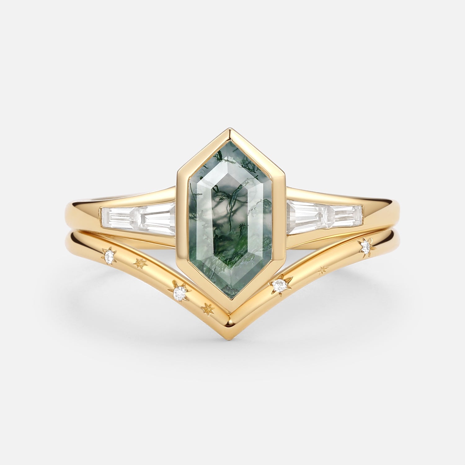Long Hexagon Moss Agate Minimalist Bridal Ring Set 2pcs