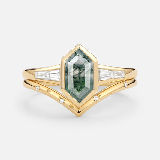 Long Hexagon Moss Agate Minimalist Bridal Ring Set 2pcs