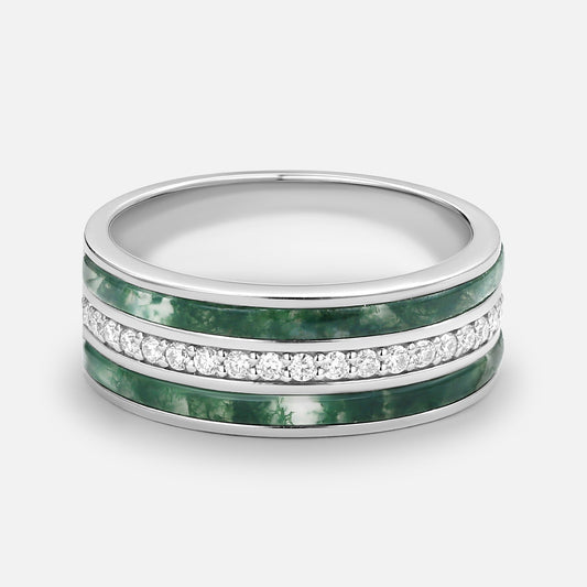8mm Moss Agate & Moissanite Couple Men's Wedding Band