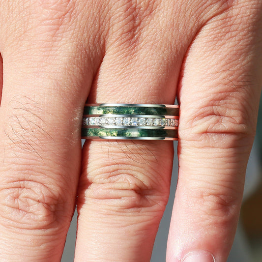 8mm Moss Agate & Moissanite Couple Men's Wedding Band