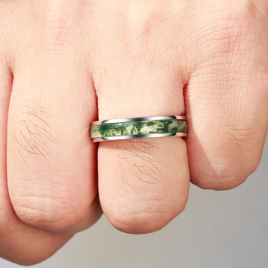 5mm Minimalist Moss Agate Inlay Couple Men's Wedding Band