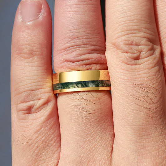 Moss Agate Minimalist Inlay Couple Men's Wedding Band