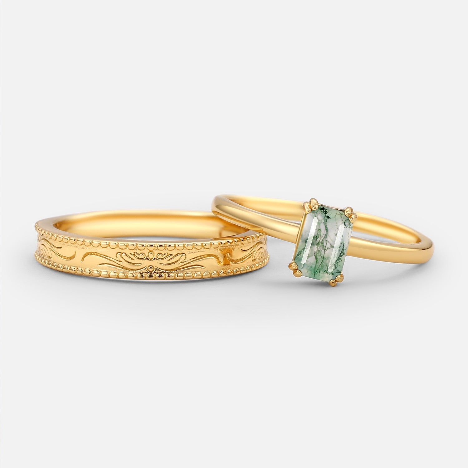 Emerald Cut Moss Agate Couple Ring Set 2pcs
