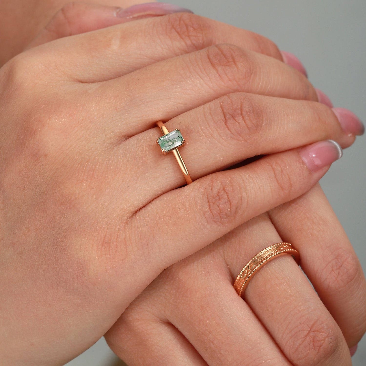 Emerald Cut Moss Agate Couple Ring Set 2pcs