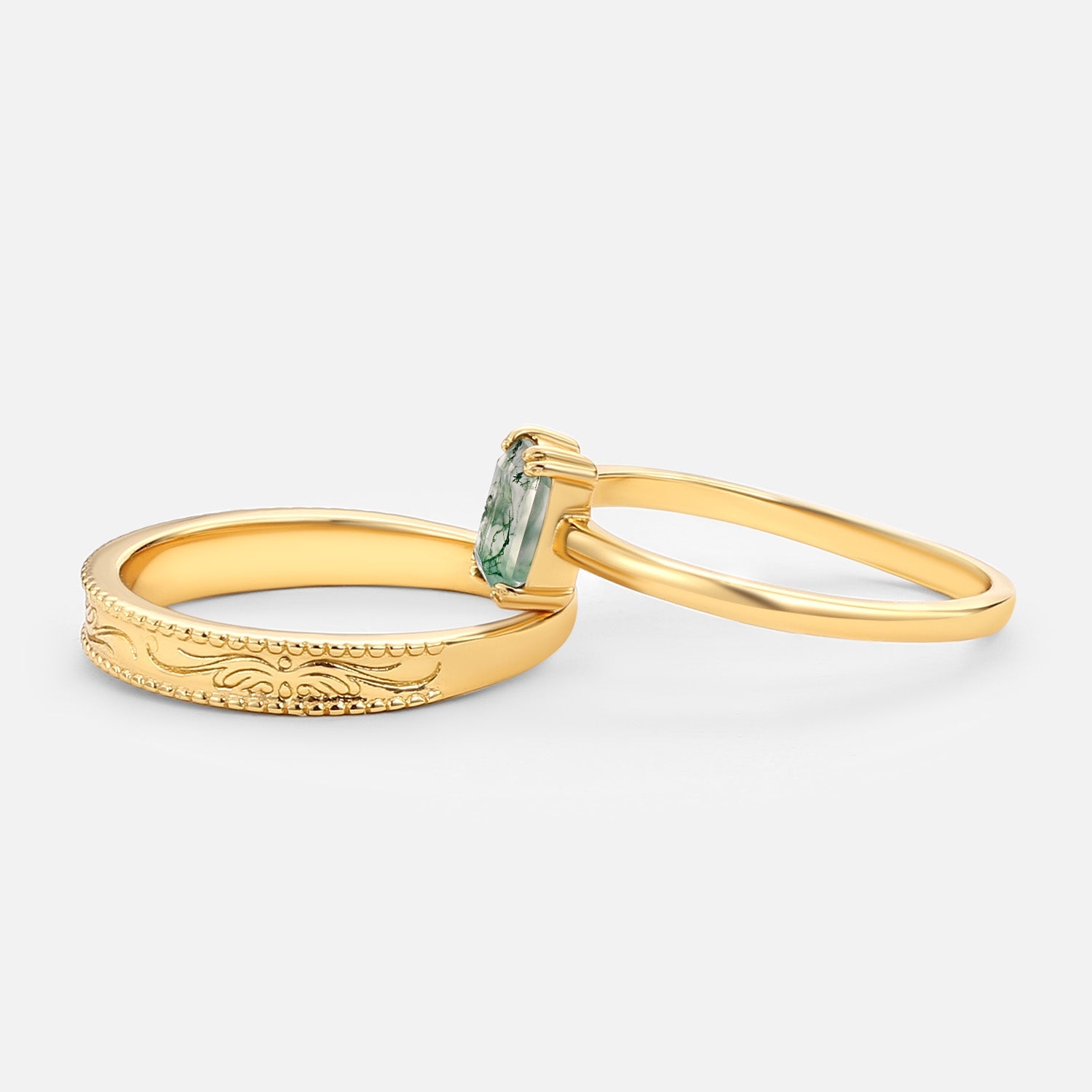 Emerald Cut Moss Agate Couple Ring Set 2pcs