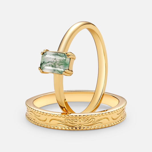 Emerald Cut Moss Agate Couple Ring Set 2pcs