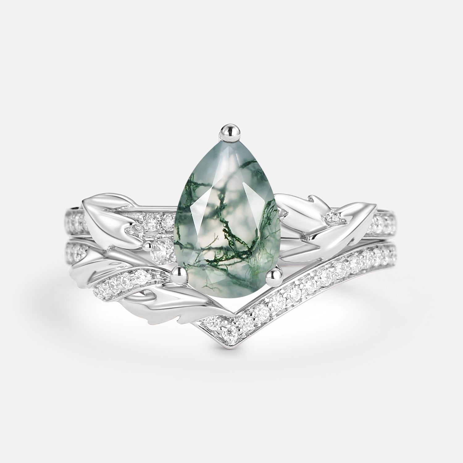 1.5ct Pear Cut Moss Agate Leafy Engagement Ring Set 2pcs