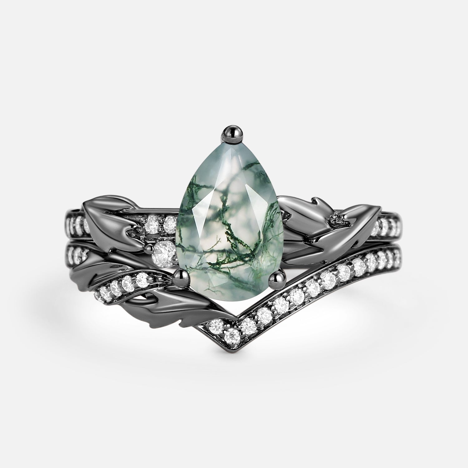 1.5ct Pear Cut Moss Agate Leafy Engagement Ring Set 2pcs