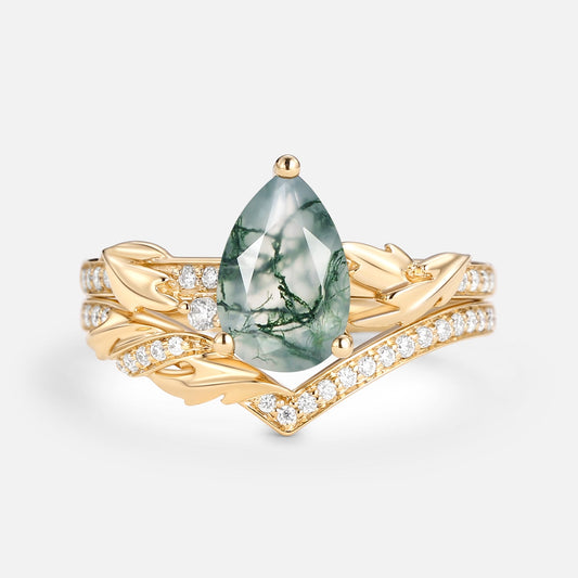 1.5ct Pear Cut Moss Agate Leafy Engagement Ring Set 2pcs