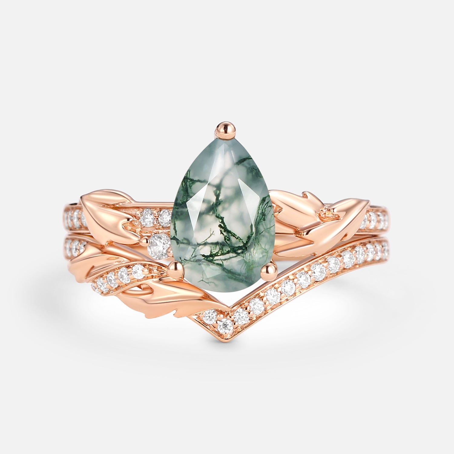 1.5ct Pear Cut Moss Agate Leafy Engagement Ring Set 2pcs