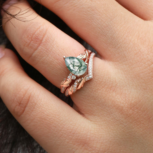 1.5ct Pear Cut Moss Agate Leafy Engagement Ring Set 2pcs