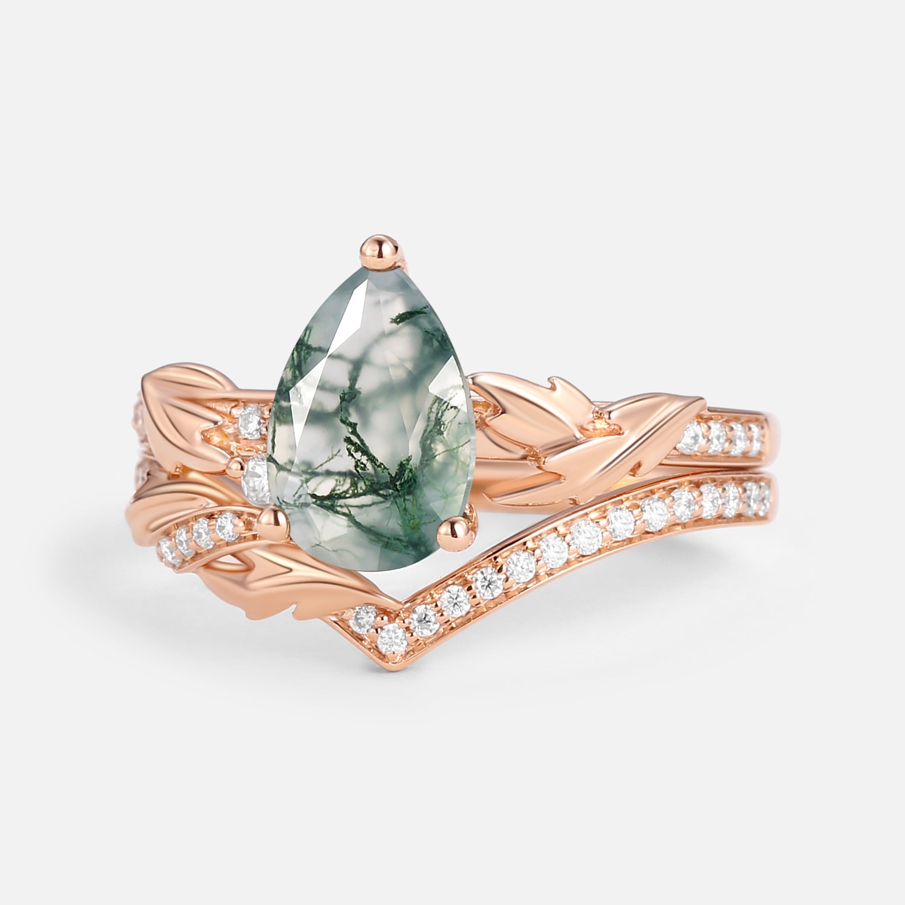 1.5ct Pear Cut Moss Agate Leafy Engagement Ring Set 2pcs