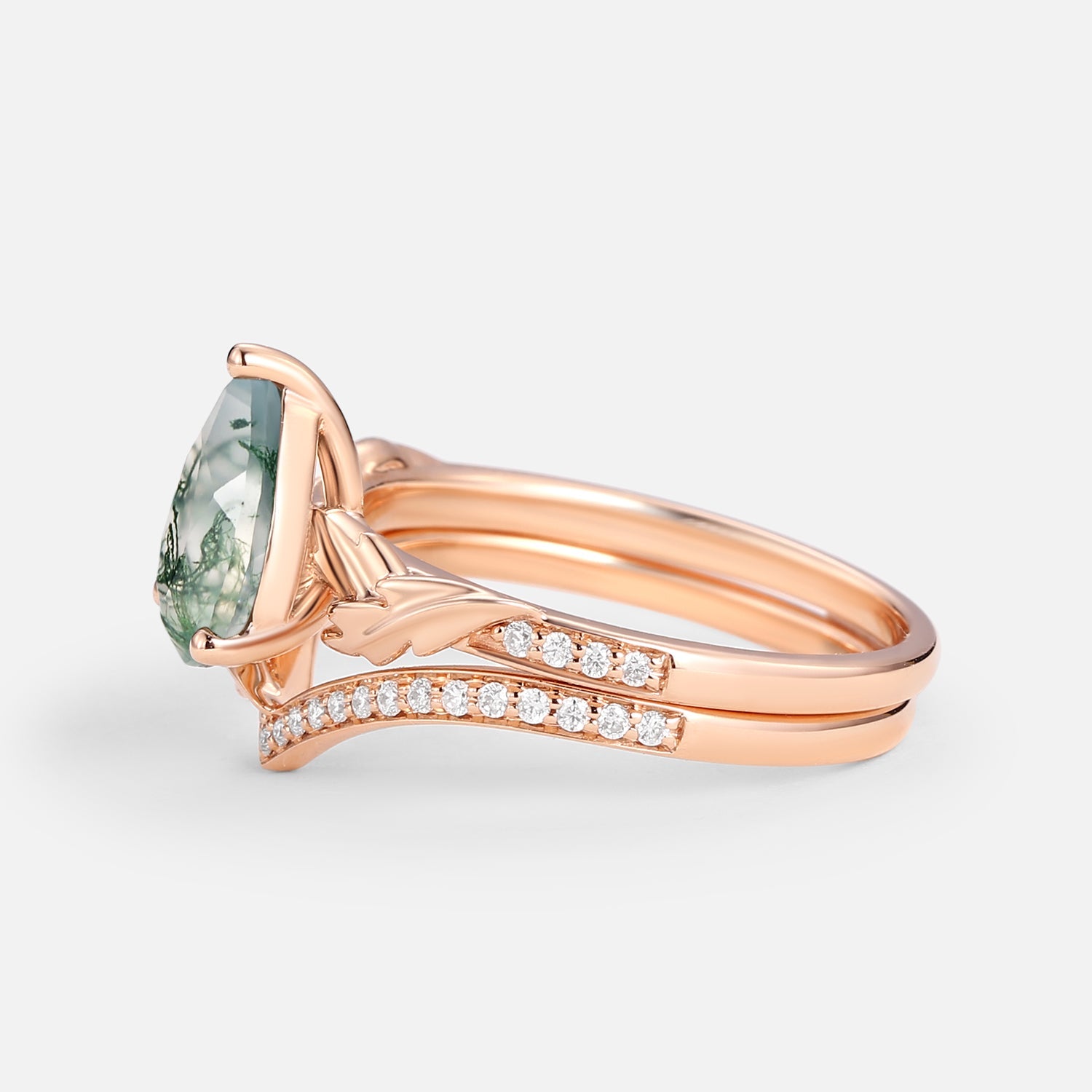 1.5ct Pear Cut Moss Agate Leafy Engagement Ring Set 2pcs