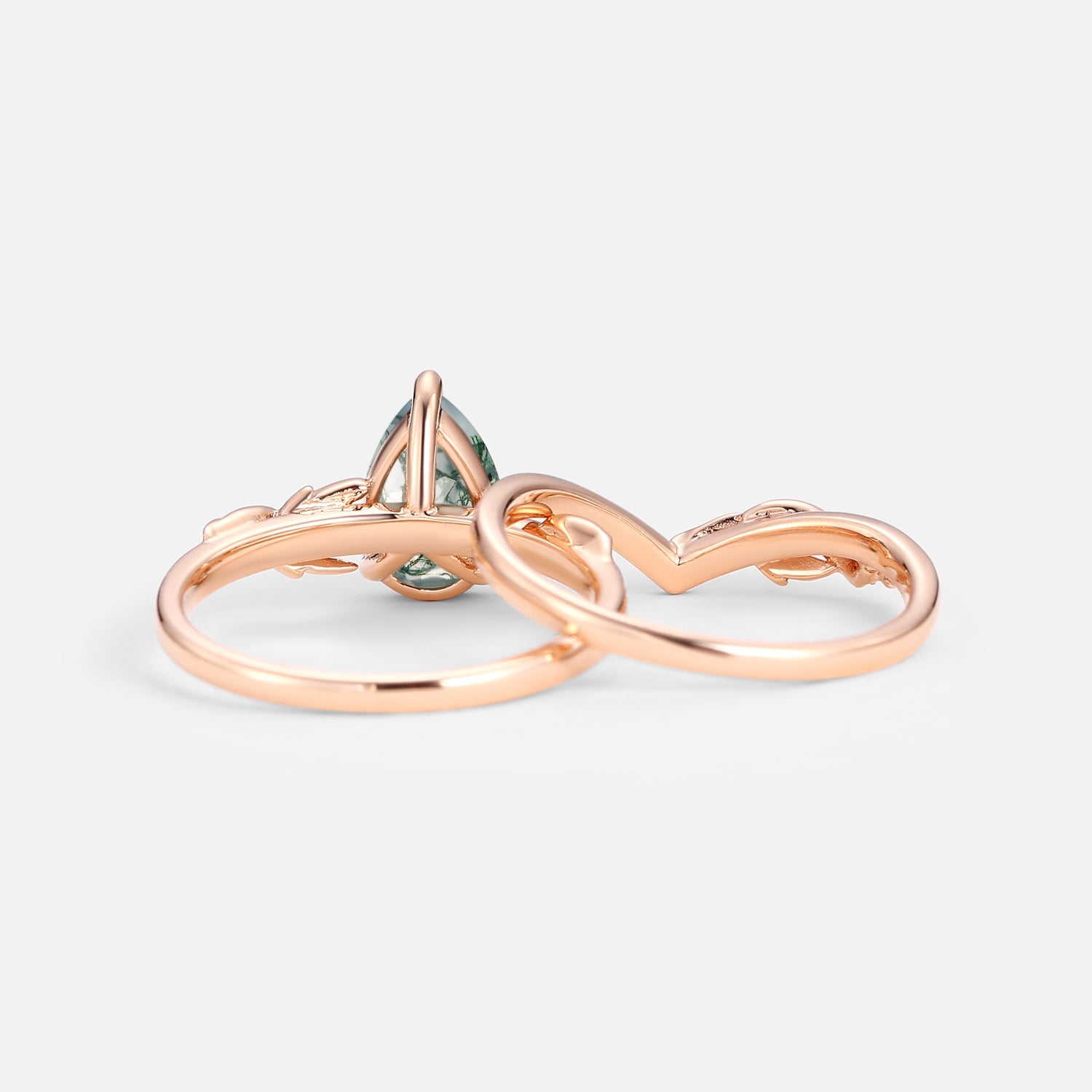 1.5ct Pear Cut Moss Agate Leafy Engagement Ring Set 2pcs