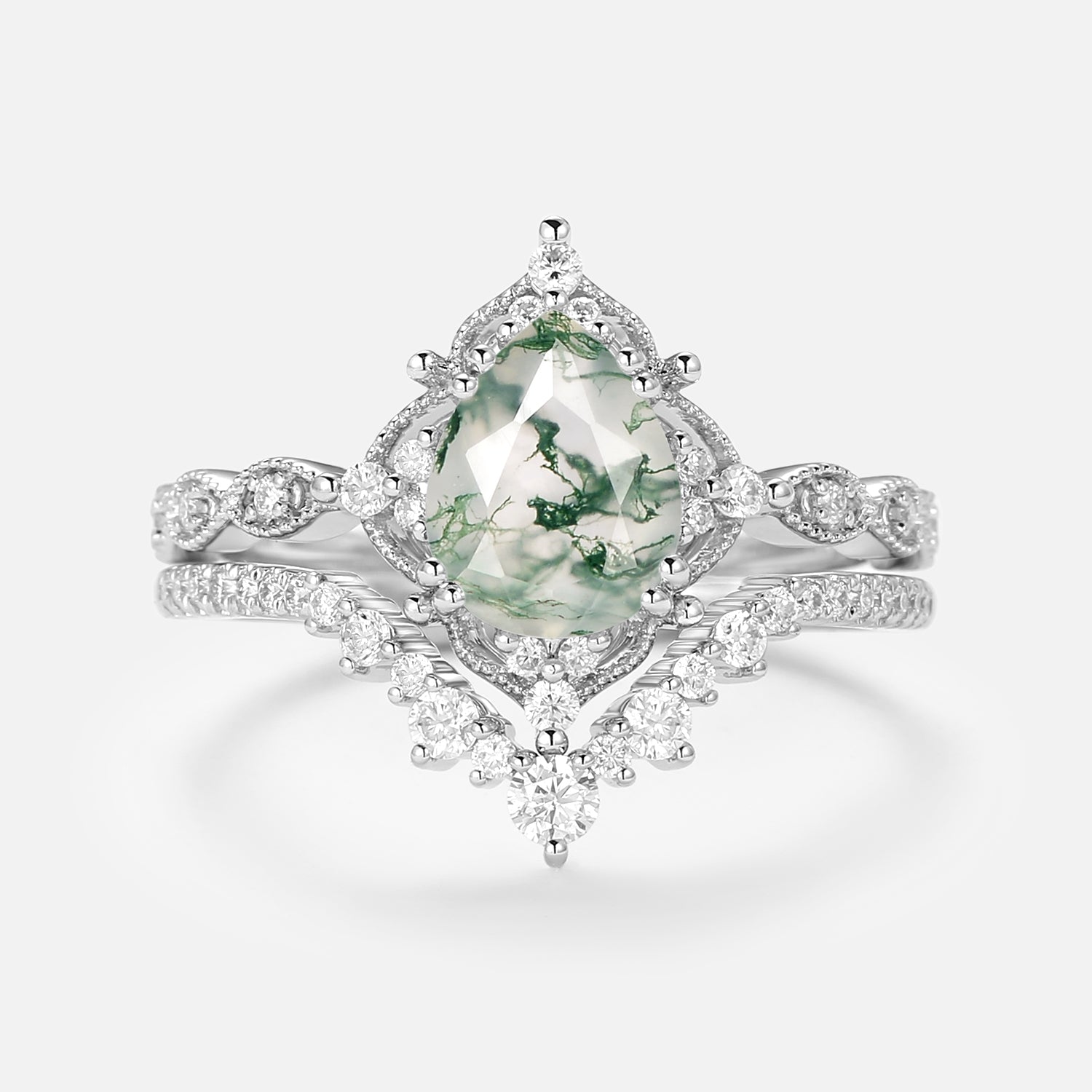 Signature Vintage - Pear Cut Moss Agate Vintage Ring Set 2pcs - Charlotte