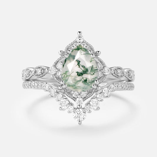 Signature Vintage - Pear Cut Moss Agate Vintage Ring Set 2pcs - Charlotte